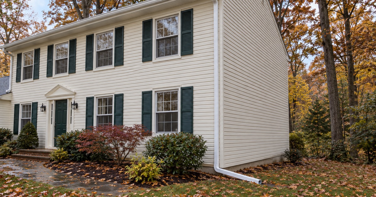A finished white gutter and downspout on a Howell colonial carrying roof water out onto the lawn on an autumn morning.