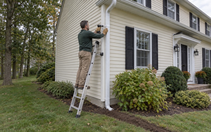 A new downspout being strapped to the corner of a Howell colonial above a buried drain line.