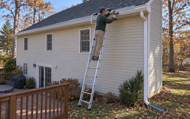 A stainless mesh gutter guard panel being fastened to the front lip of an oak-shaded gutter in Howell.