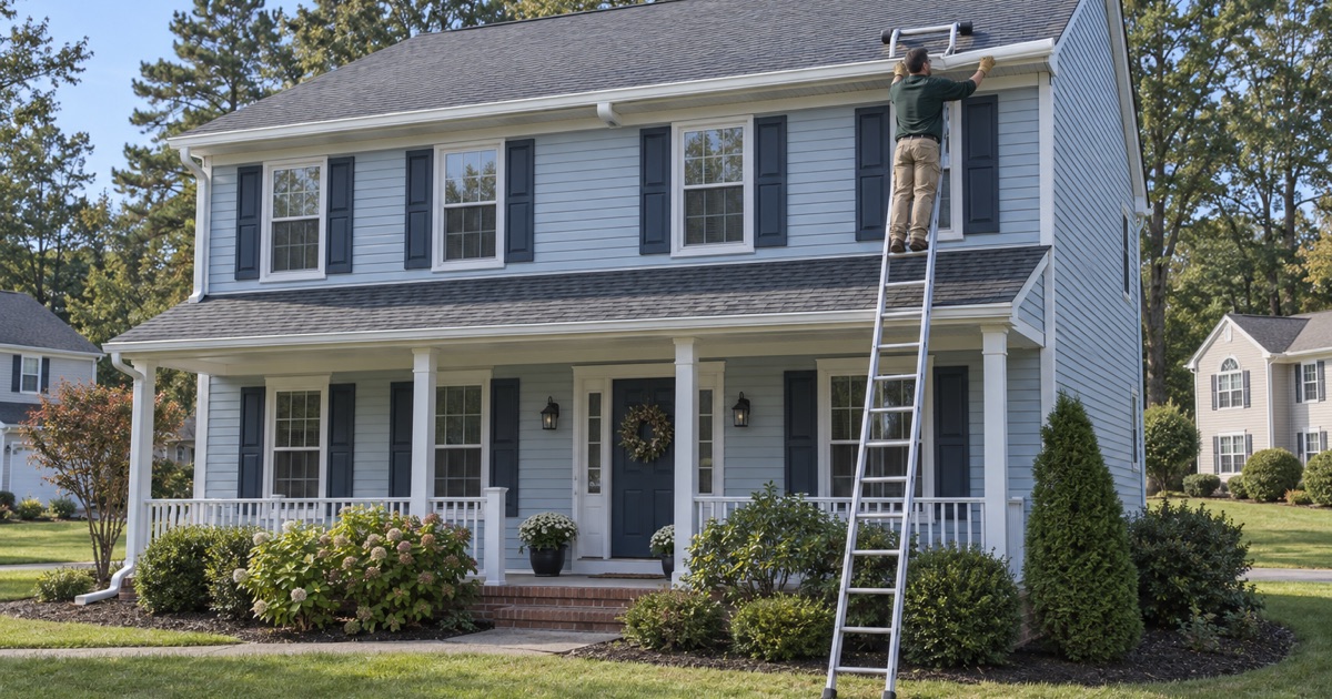 A new seamless gutter being seated into its hidden hangers along the second-story eave of a Howell colonial.