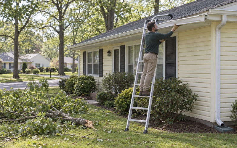 A gutter pulled loose by a fallen oak limb being lifted back to the fascia on a Howell ranch.