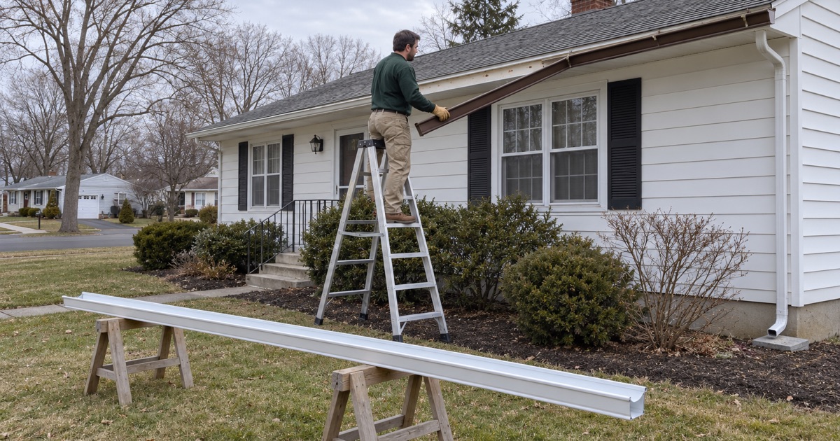An old spiked gutter being lowered from a Howell ranch, its seamless replacement waiting on sawhorses on the lawn.