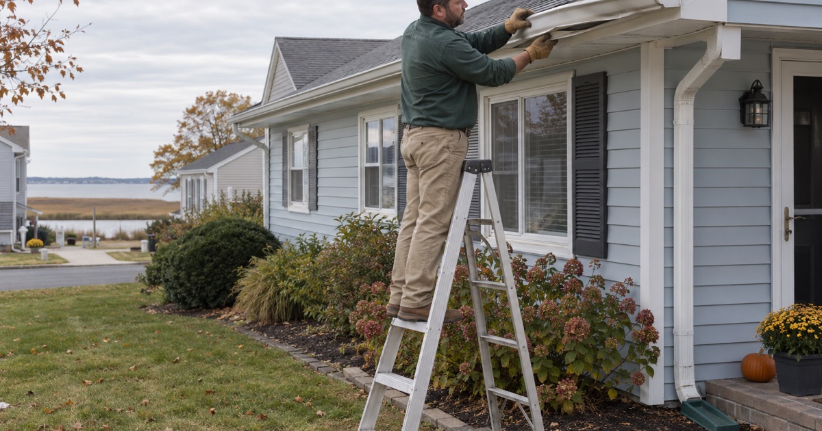 A wind-dented gutter section being taken down for an itemized replacement on a Cliffwood Beach house in Aberdeen.