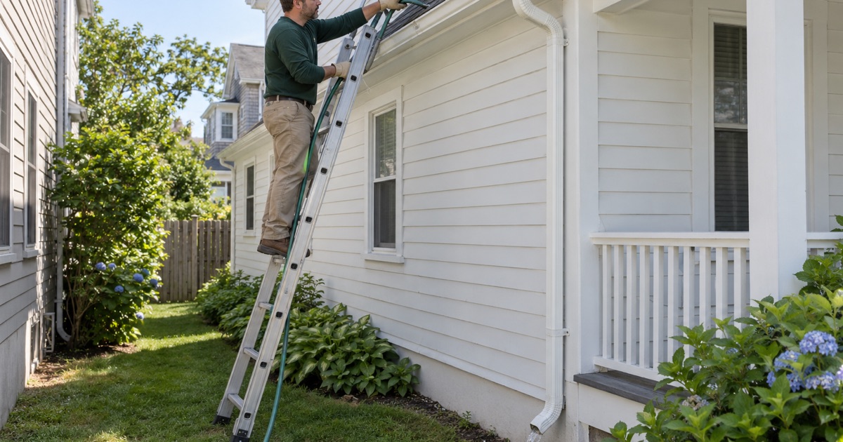 A painted aluminum gutter being rinsed with fresh water on an Asbury Park house near the ocean.