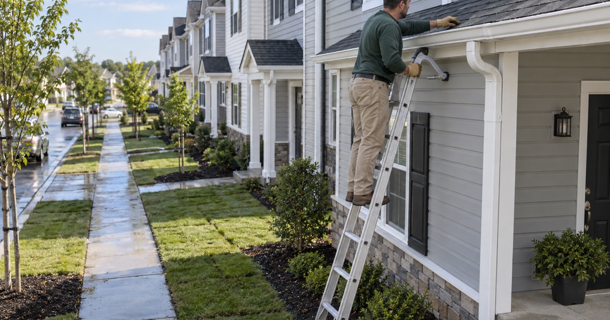 A new gutter’s pitch being sighted where rainwater stands in it on a first-year townhome in Bordentown Township.