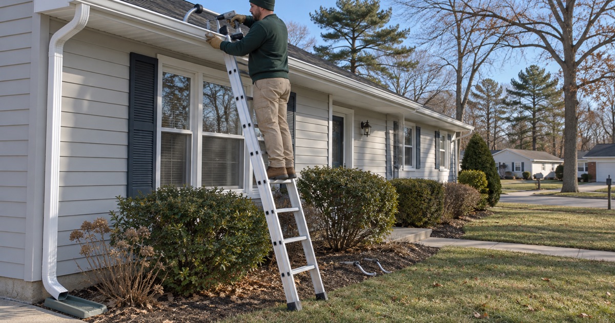 Extra hidden hangers being added to a gutter on a Brick Township ranch so it holds under sliding snow.
