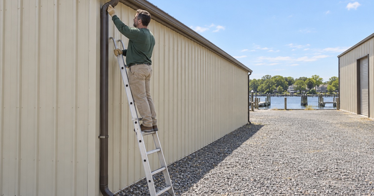 A bronze-colored downspout going up on a boat storage shed at a Manasquan River marina in Brielle.