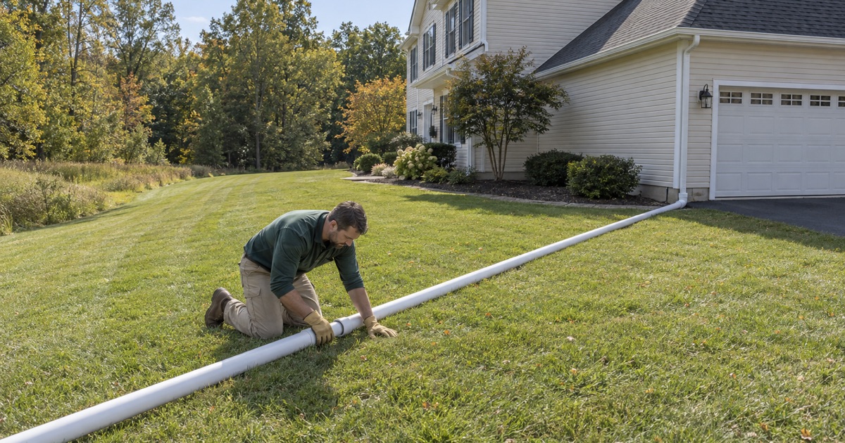 A long drain pipe carrying roof water across a multi-acre Colts Neck lot to a grassy swale