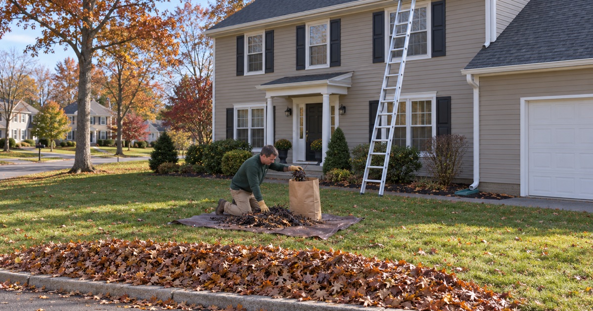 Twigs being separated out of gutter debris so the leaves can go to the curb for Freehold Township’s leaf pickup.