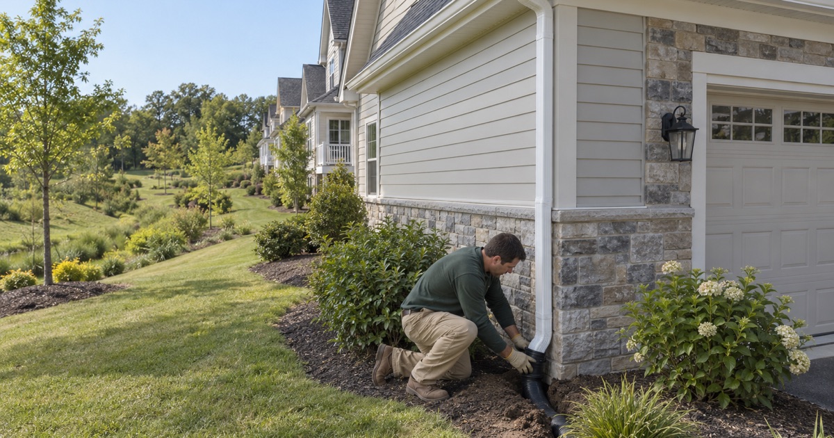 A downspout being joined to a smooth black roof drain line at a newer carriage home in Holmdel.