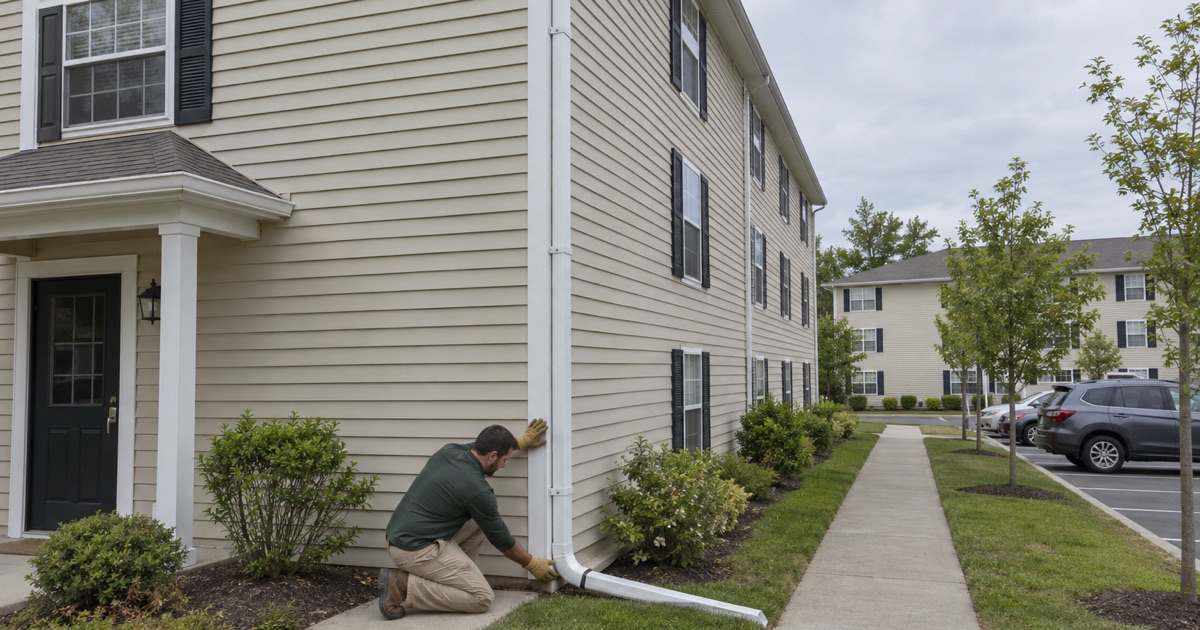 A leader’s bottom elbow being refastened so it drains away from the foundation of a Lakewood apartment building.