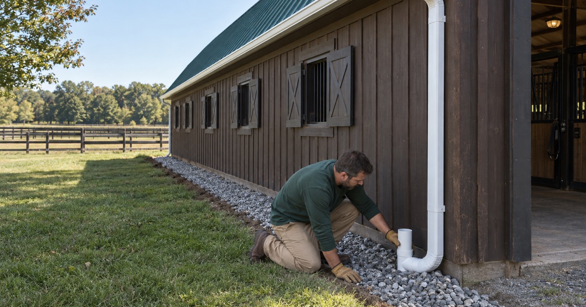 A horse barn’s downspout being piped into a stone trench with an overflow tee in Millstone Township.