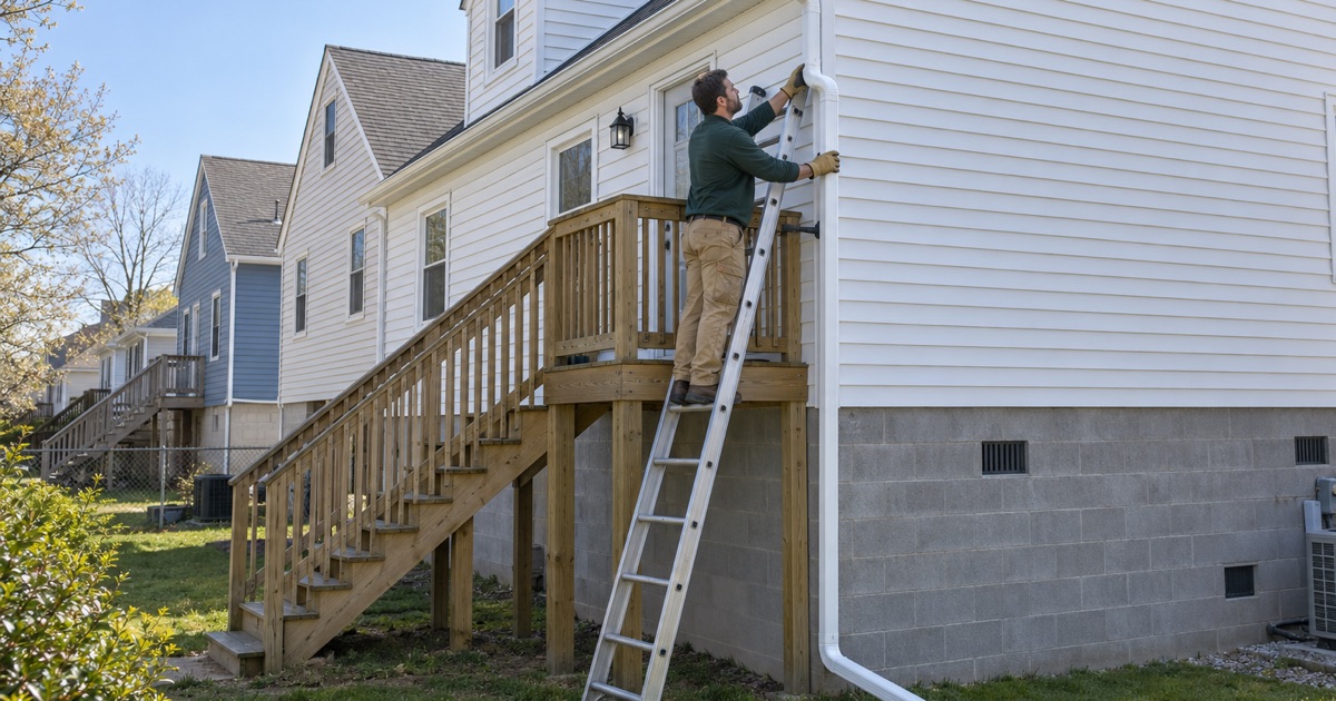 A long leader on a raised Point Pleasant house being jogged around the stair landing with an offset.