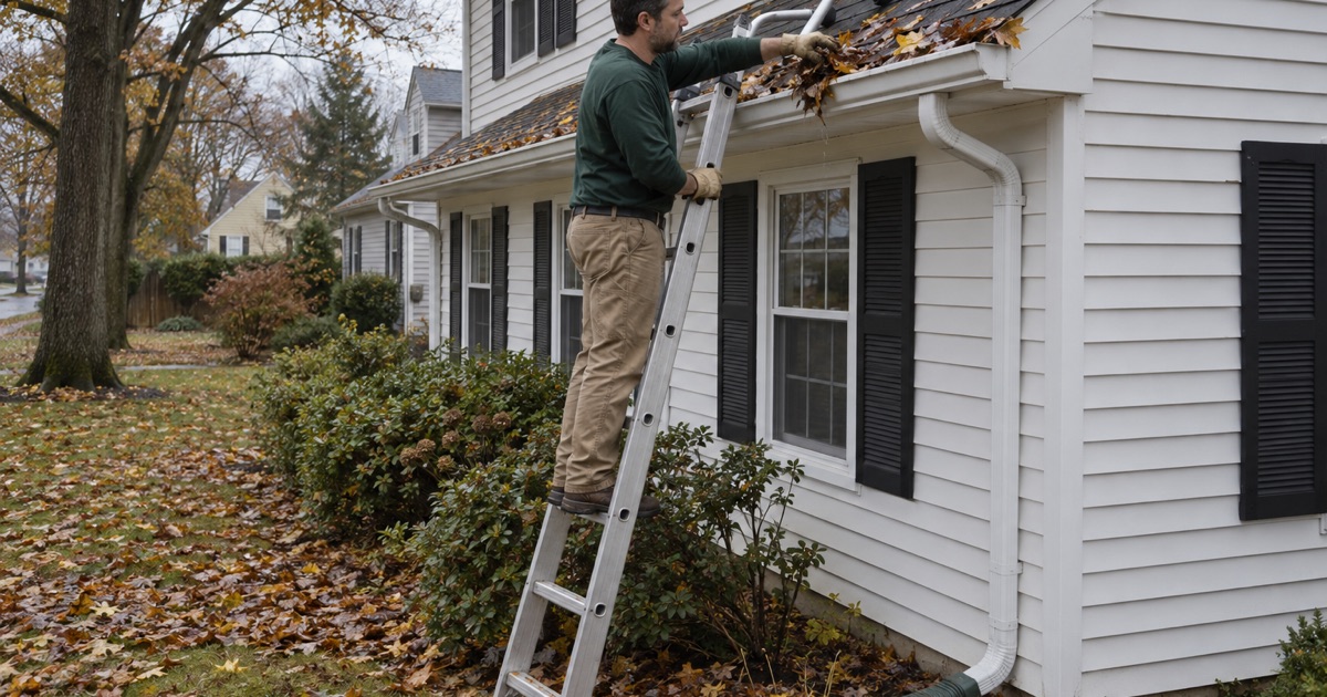 A leaf-choked gutter outlet being cleared on a Ramtown colonial before heavy rain