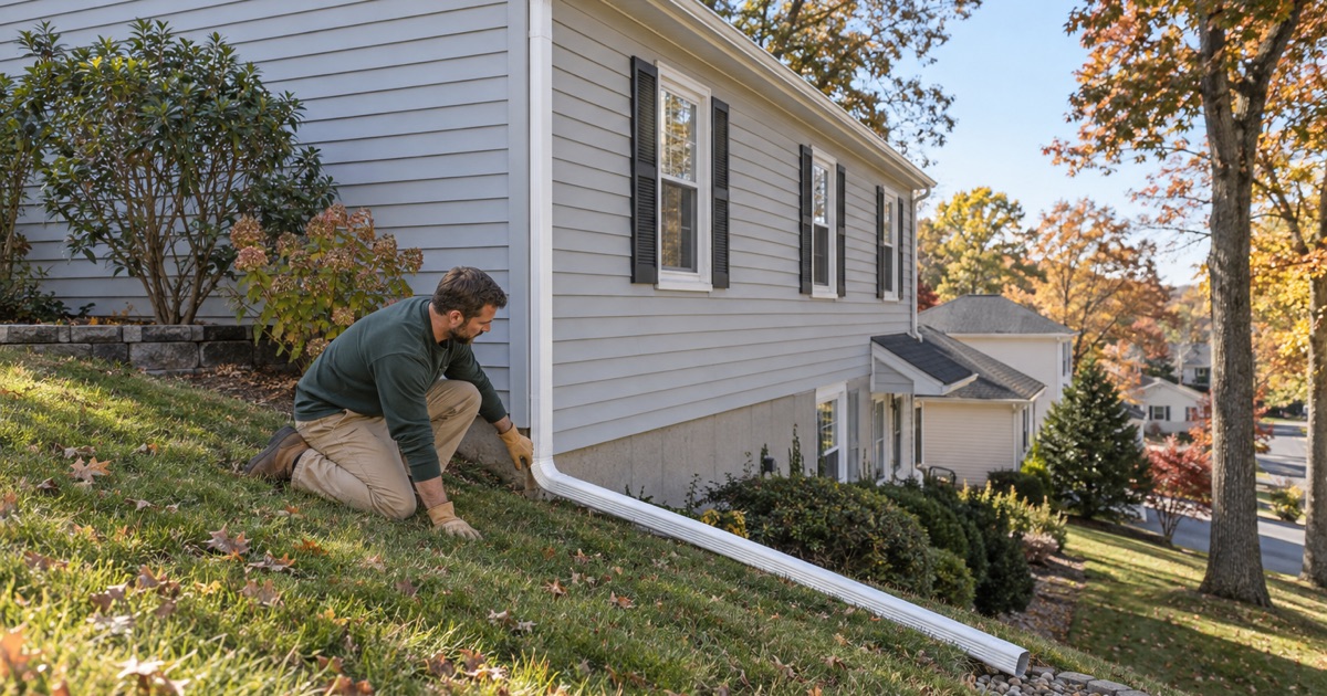 A downspout elbow turned so roof water stays on a sloping Shark River Hills lot
