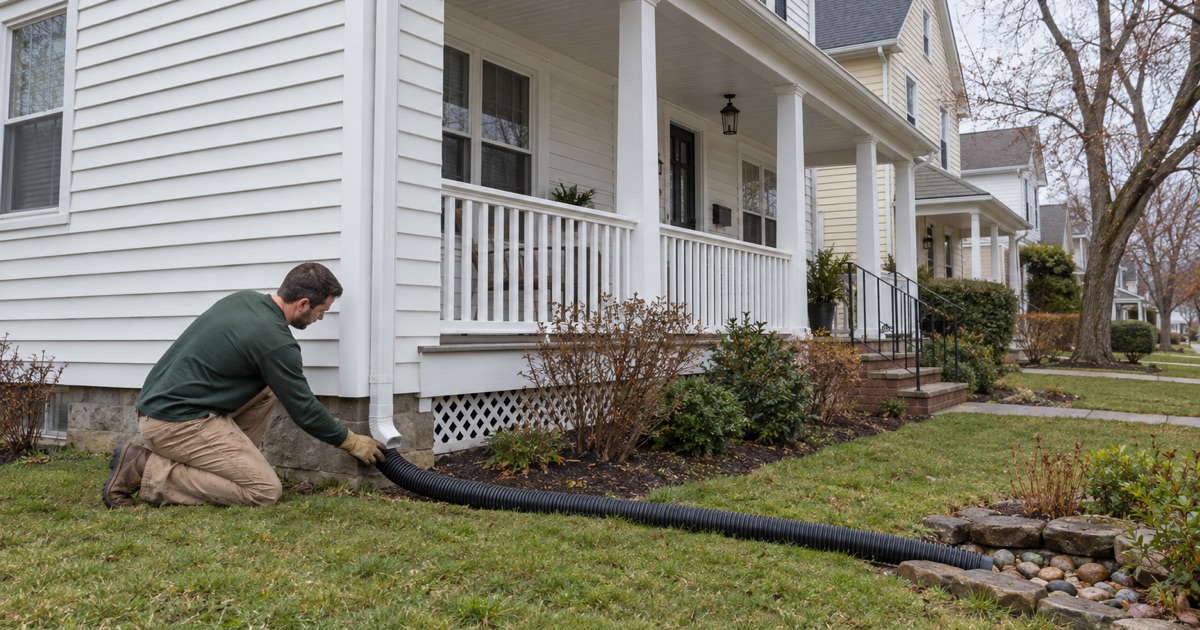 A flexible leader extension carrying roof water away from the foundation on a low street in South River.