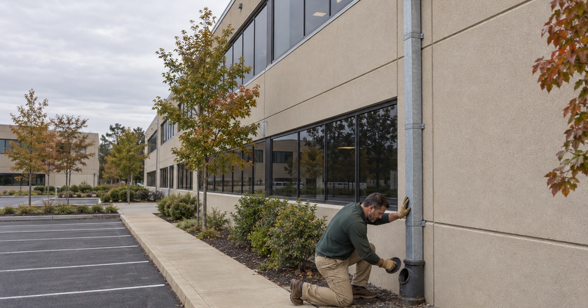 The cleanout cap at the foot of an oversized leader being checked on a Tinton Falls office building.