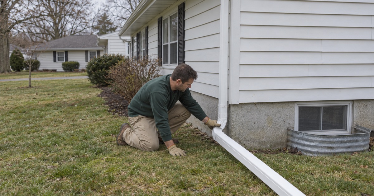 A downspout extension being laid past a basement window well on a Wall Township ranch outside the mapped flood zone.