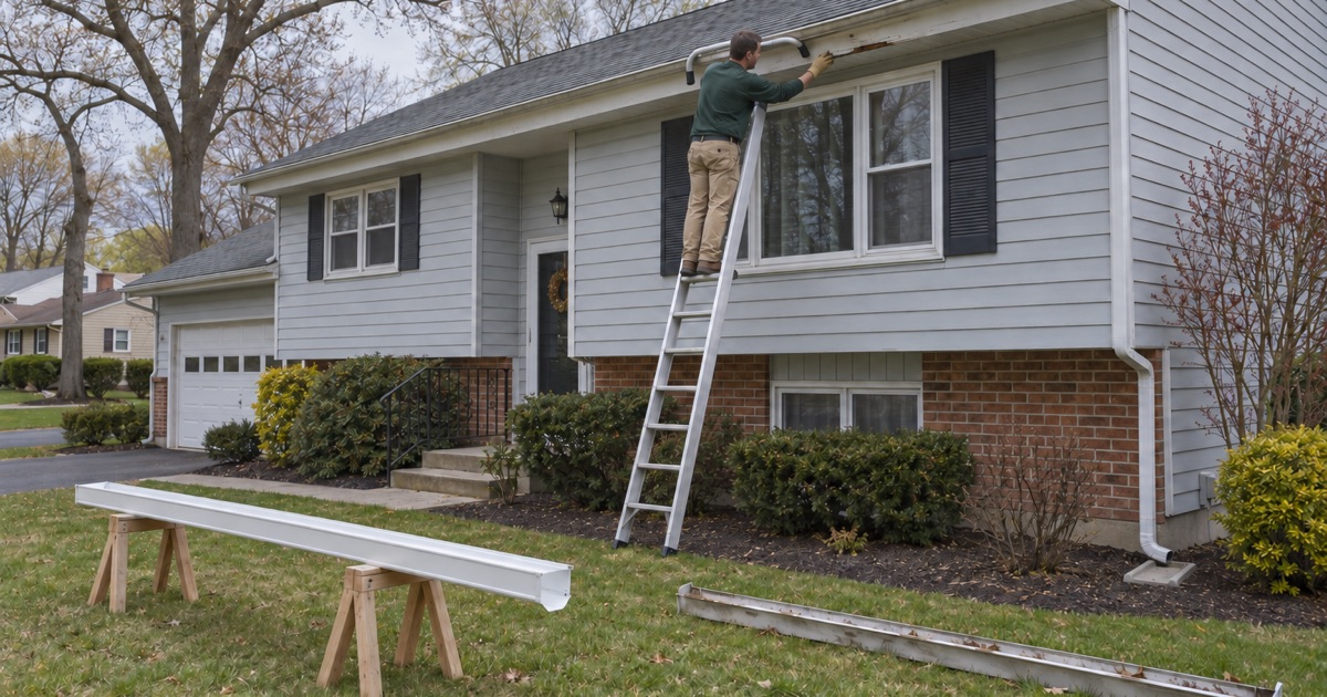 An older West Belmar house with its gutter down and the fascia checked before replacement