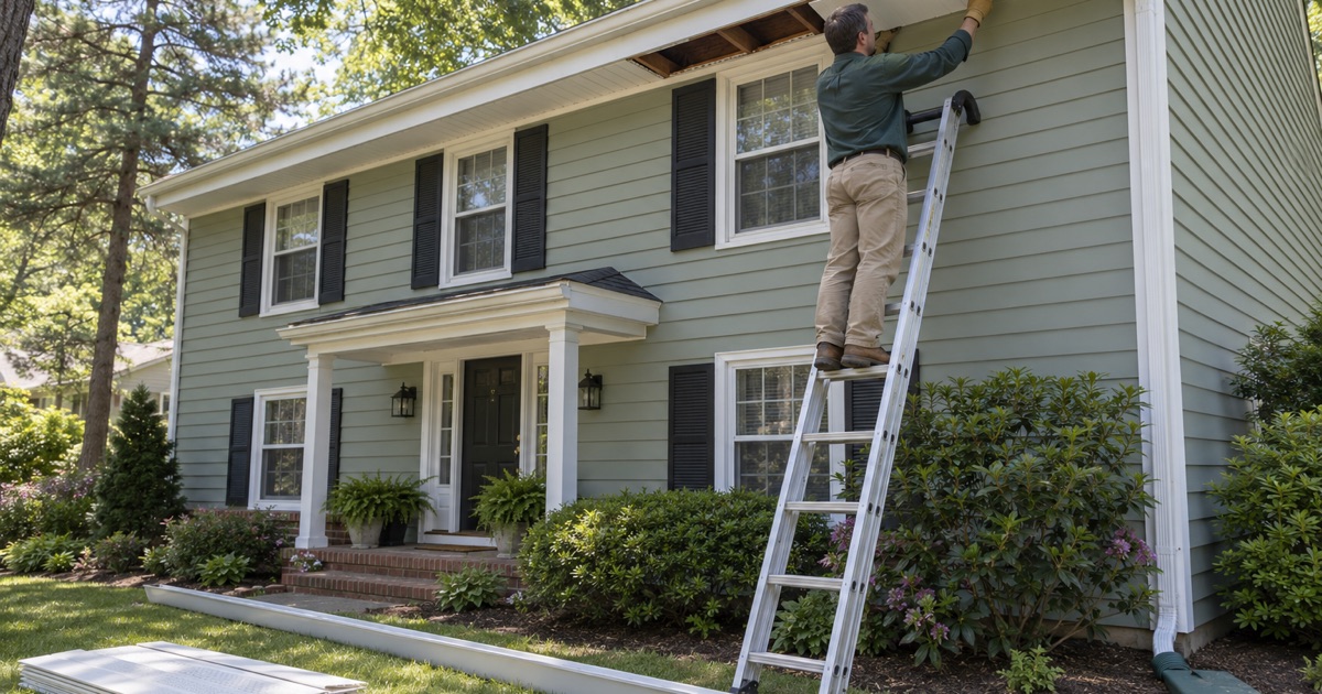 A new vinyl soffit panel being slid into place under the eave of a Howell colonial before its gutter goes back up.